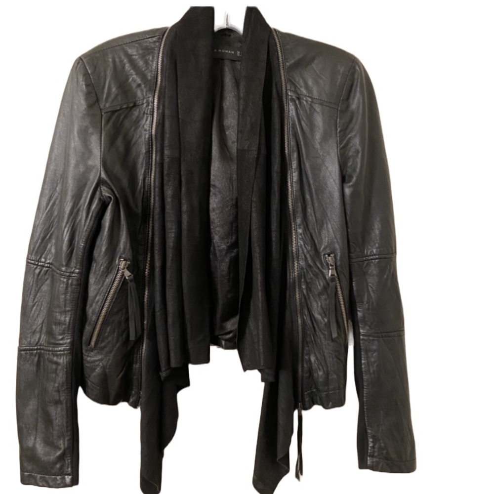 Zara Woman Black Sheep Leather Motorcycle Jacket with Removable Neck Shawl - Picture 1 of 7